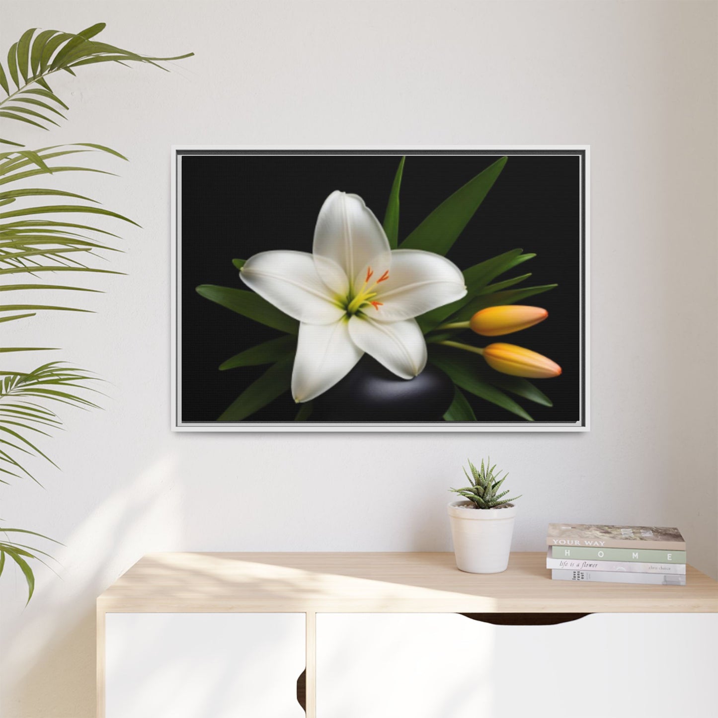 White Lily Wall Art Canvas Print Framed | Elegant Floral Wall Decor for Bedroom, Living Room, Bathroom