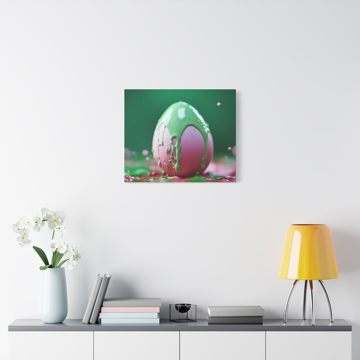 Canvas Wall or Mantle Art Pink Easter Egg with Green Paint Spring Home Decor
