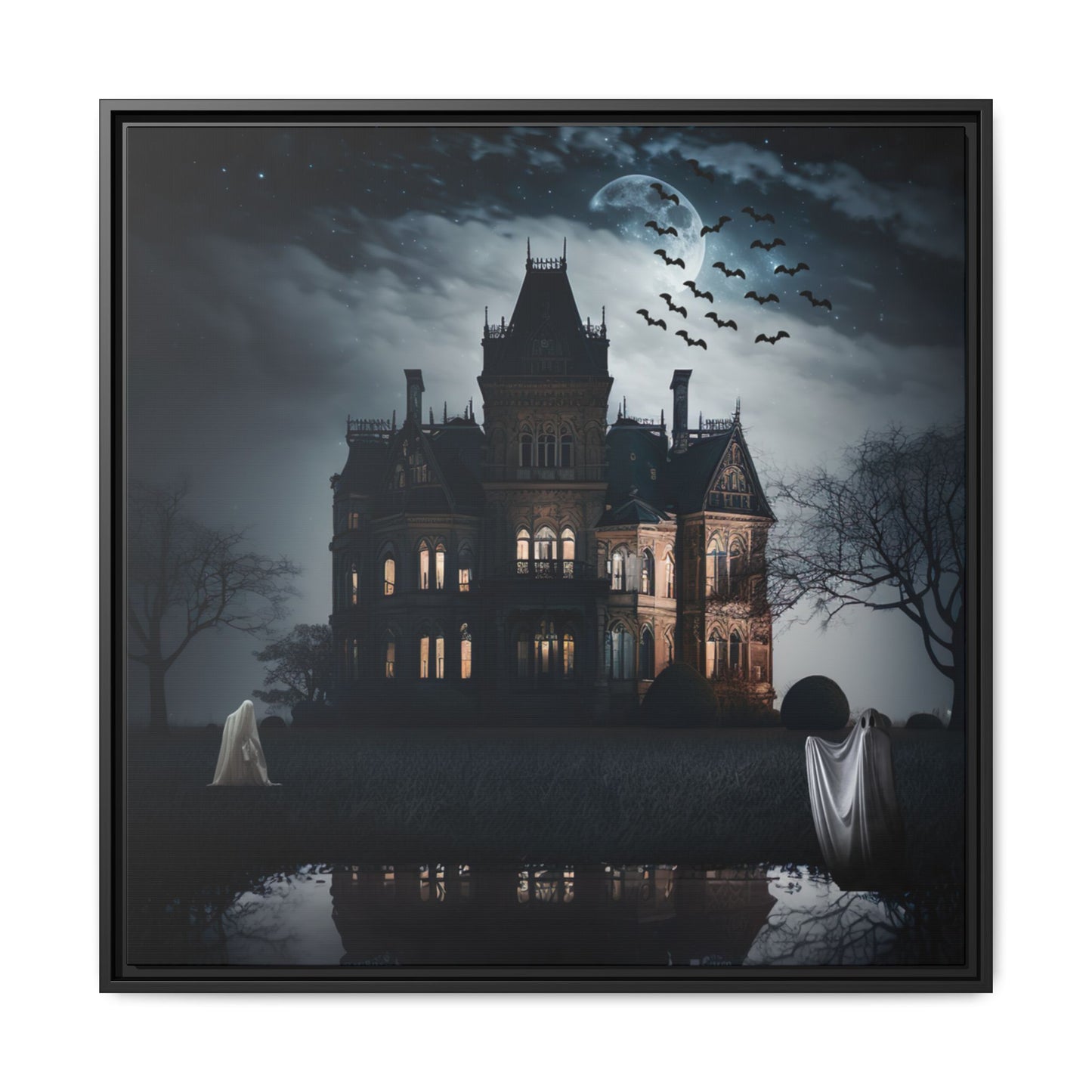 Mansion at night with ghosts and bats, framed artwork