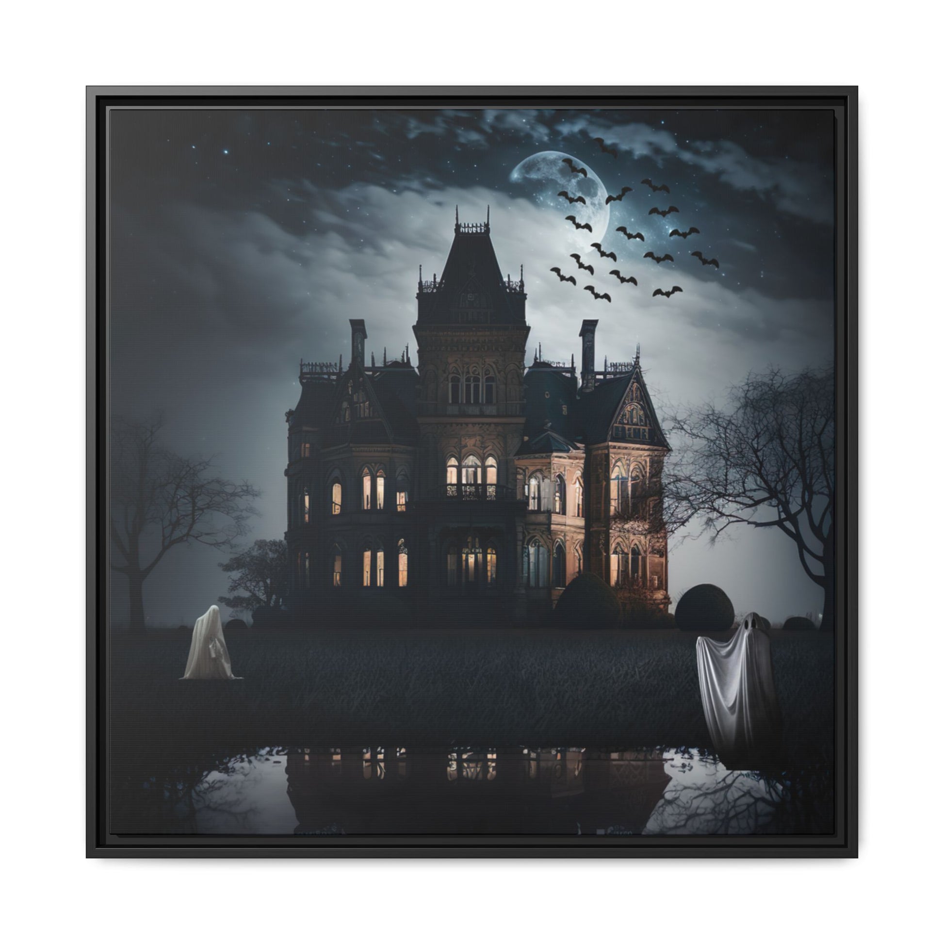 Mansion at night with ghosts and bats, framed artwork