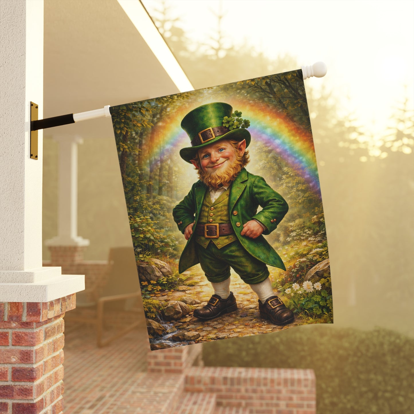 Decorative flag with a leprechaun and rainbow design hanging on a porch.