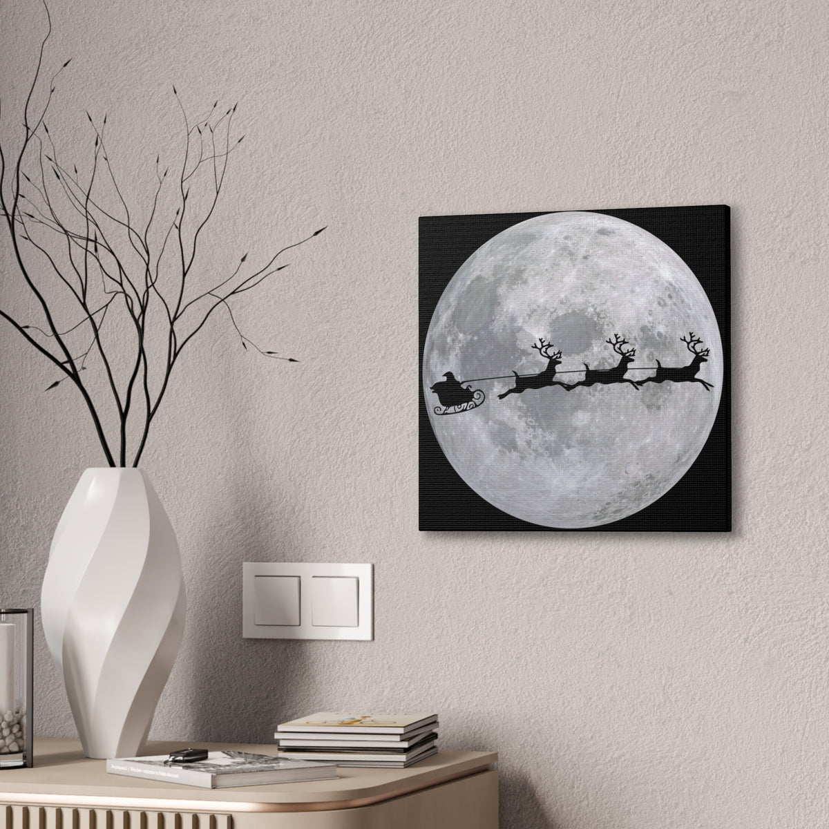 Santa Sleigh Silhouette Canvas - Moonlit Christmas Wall Art