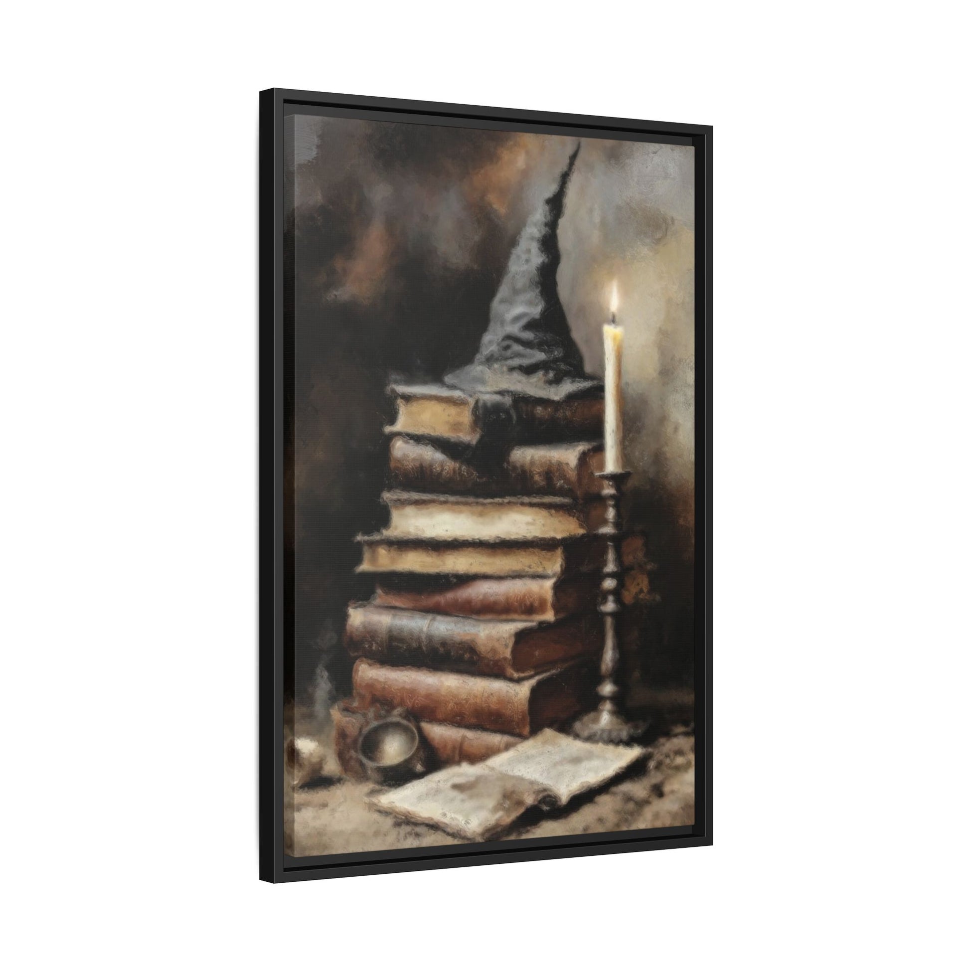 Framed artwork of a wizard's hat on books with a candle, on a white background