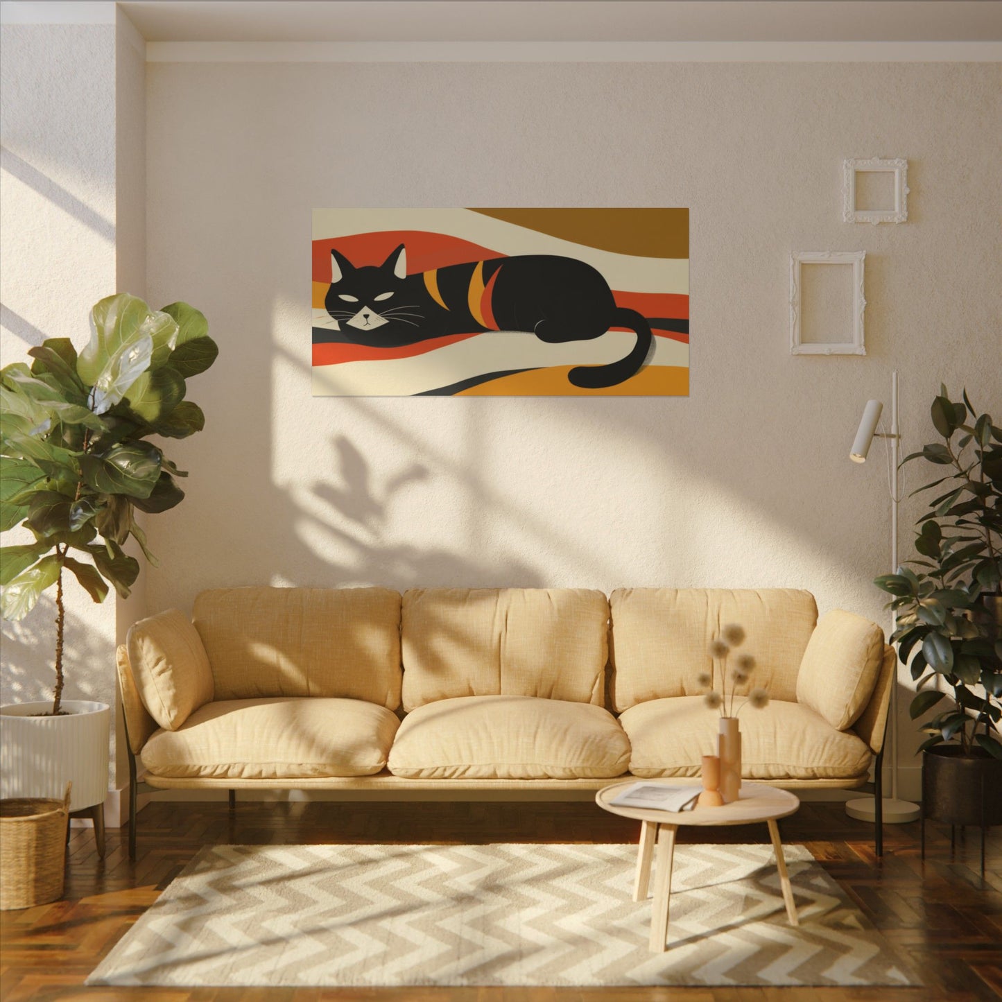 Living room with beige sofa, coffee table, and wall art of a black cat.