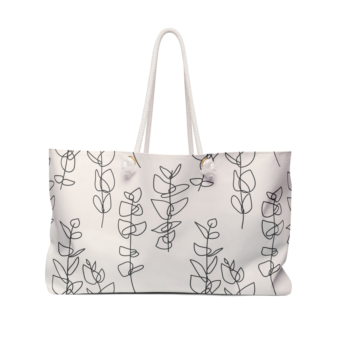 Tote bag with black leaf pattern on a white background