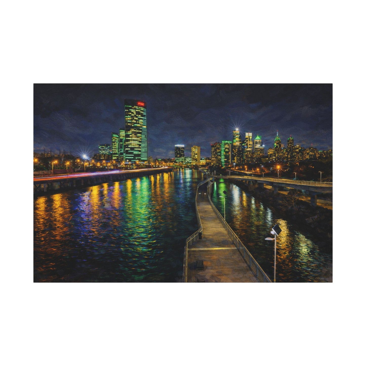 City skyline at night with illuminated buildings reflected in water, viewed from a dock.
