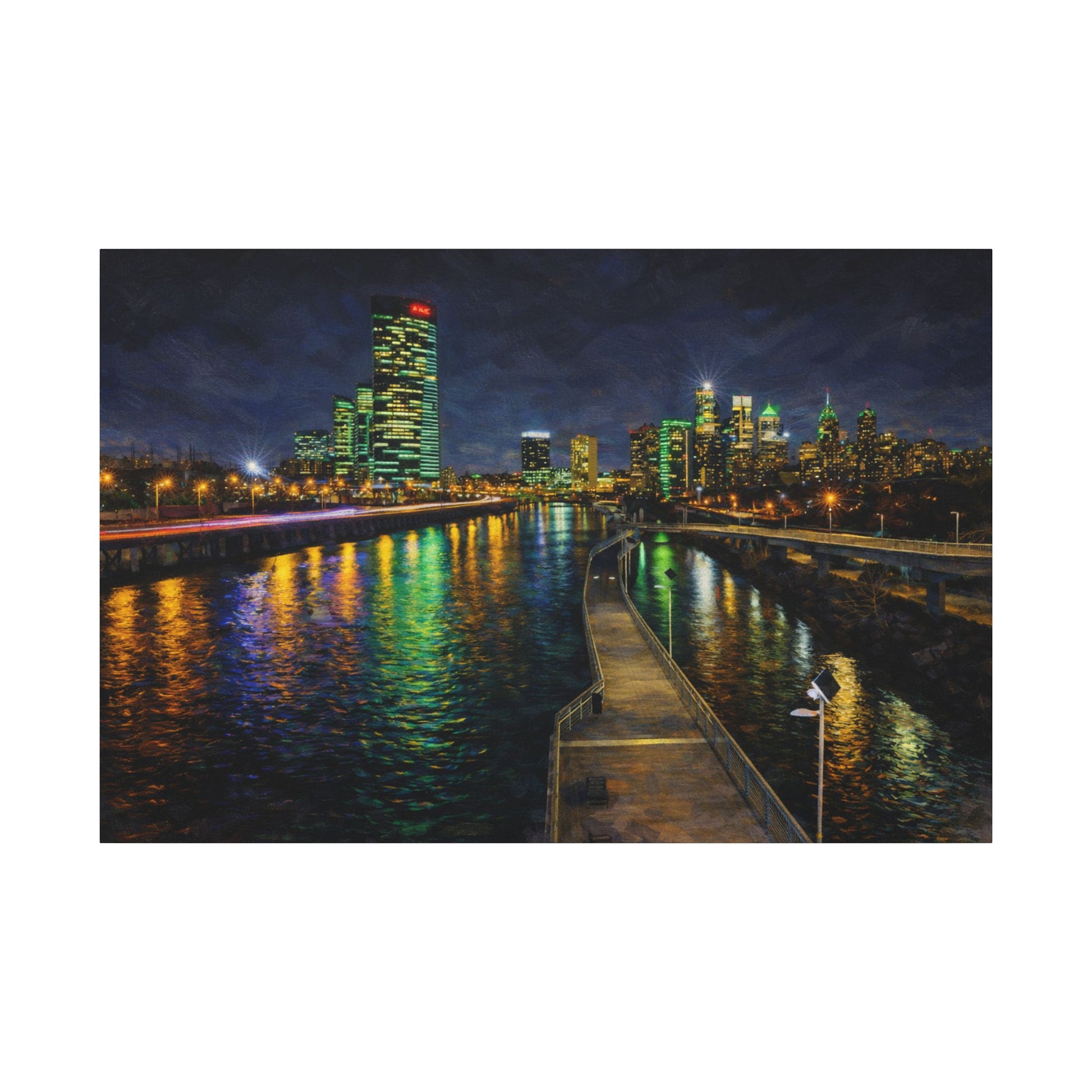 City skyline at night with illuminated buildings reflected in water, viewed from a dock.
