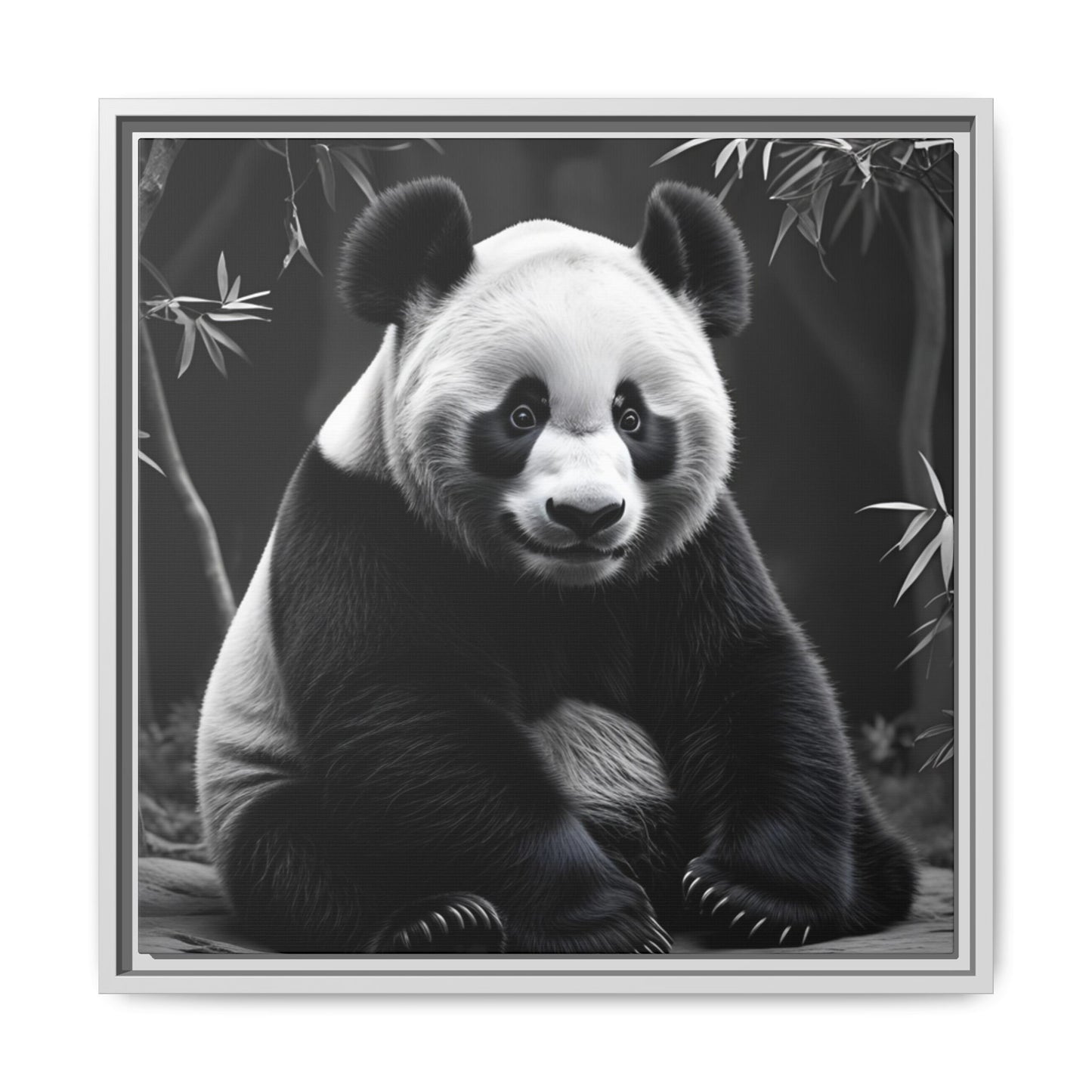 Framed artwork of a panda bear sitting on a branch with bamboo leaves in the background.