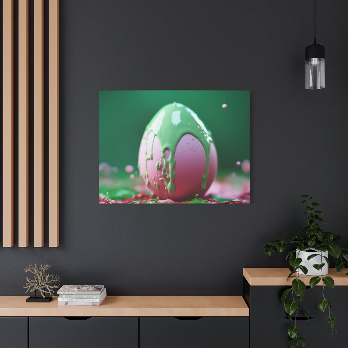 Canvas Wall or Mantle Art Pink Easter Egg with Green Paint Spring Home Decor