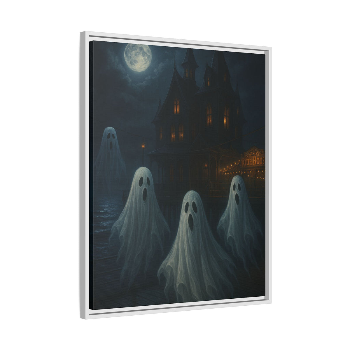 Haunted House Ghost Canvas Wall Art – Spooky Halloween Framed Art, Vintage Horror Decor, Gothic Night Scene Print