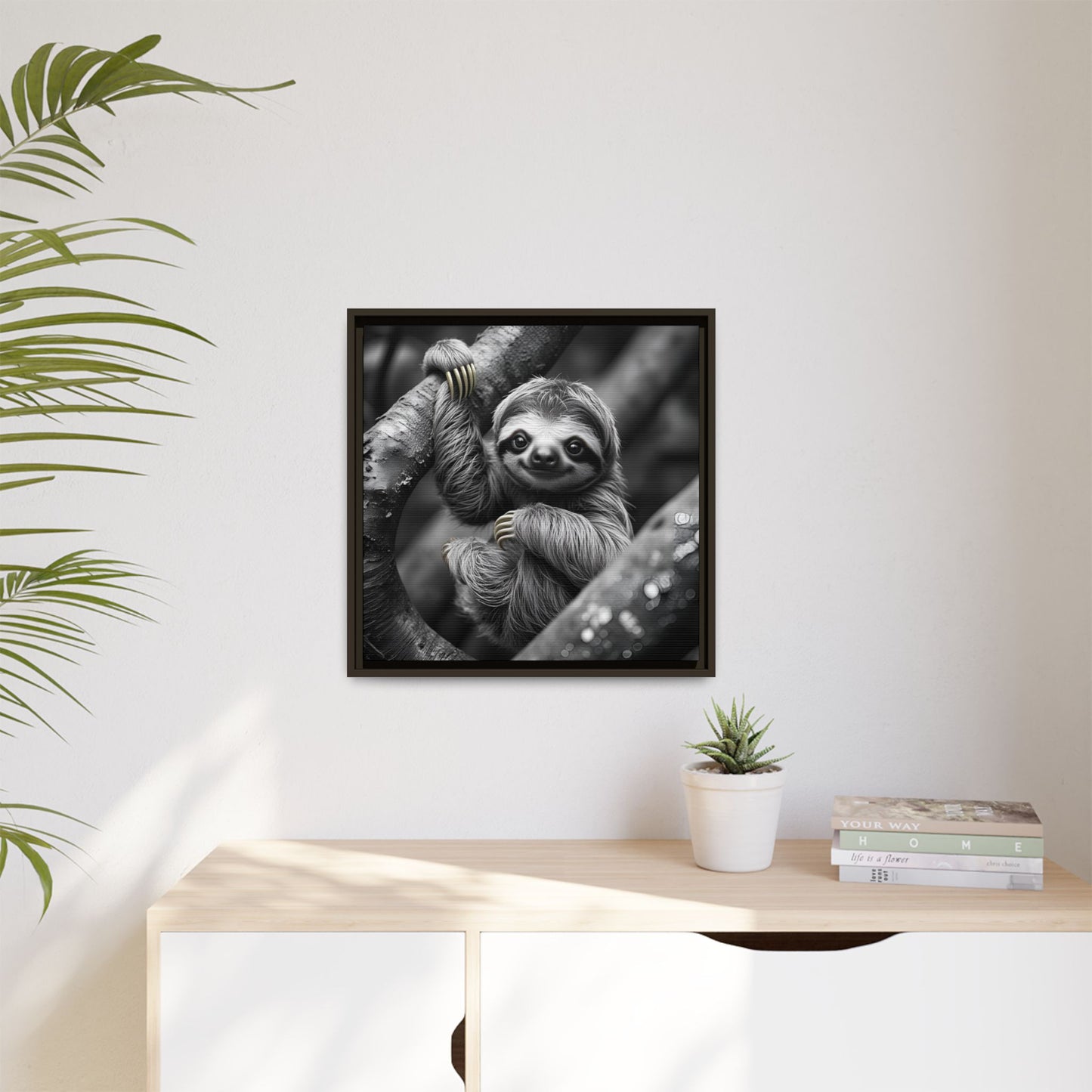 Smiling Sloth Hanging on Tree Branch Wall Art on Framed Canvas, Sloth Lover Gift, Nursery Decor, Wildlife Artwork