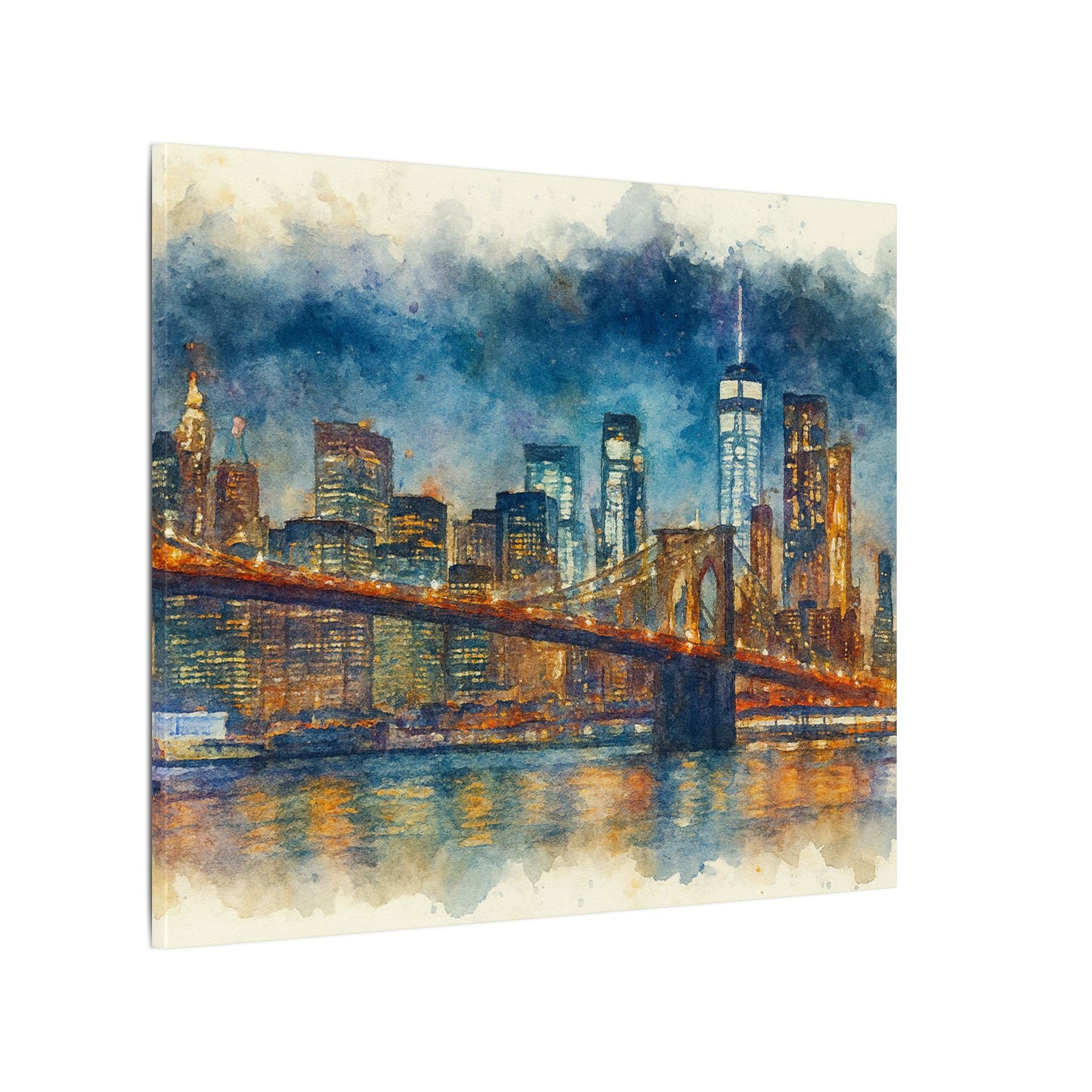 NYC Skyline Watercolor Art Print, Brooklyn Bridge Night Painting, New York City Wall Decor, Skyline Canvas Print, Urban Landscape