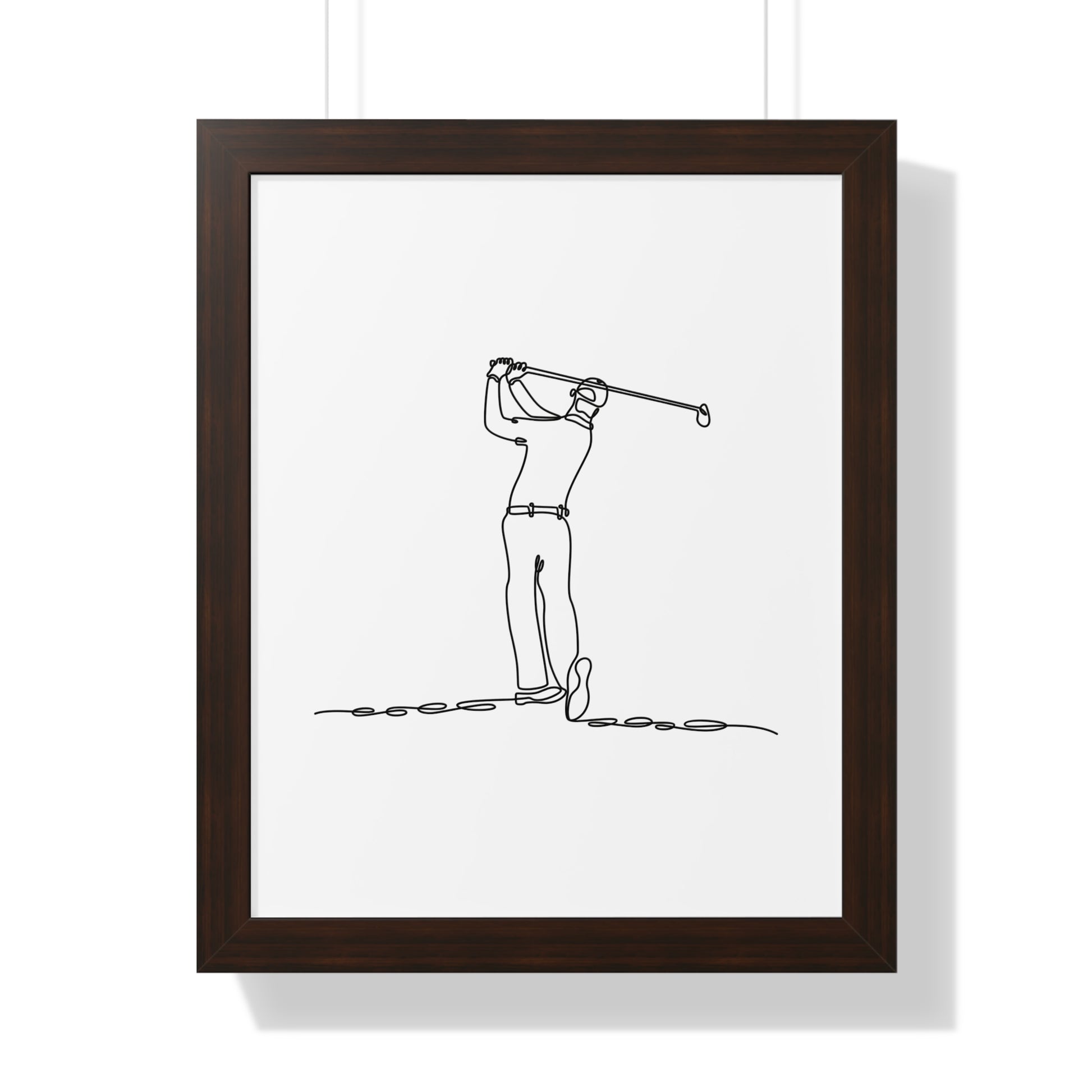 Framed black and white line drawing of a golfer on a white background