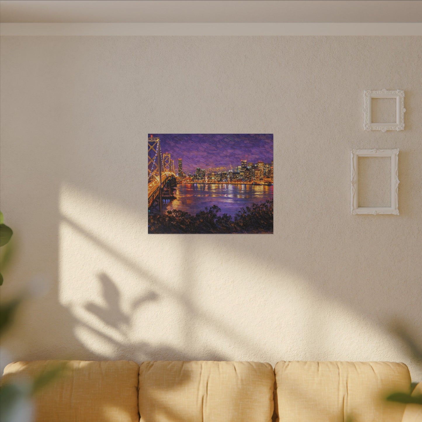 San Francisco Skyline Canvas Wall Art, Bay Bridge Night Painting, Impasto Style Artwork