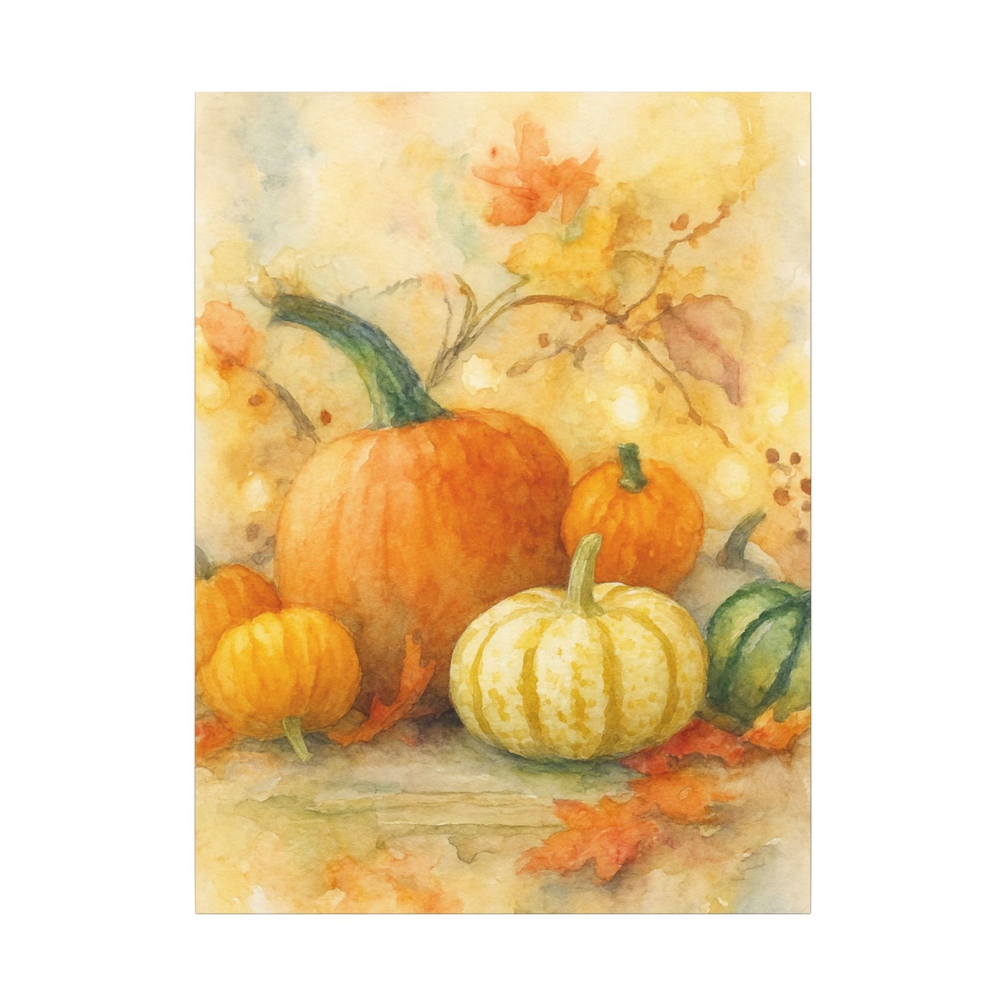 Illustration of pumpkins and gourds with autumn leaves on a textured background