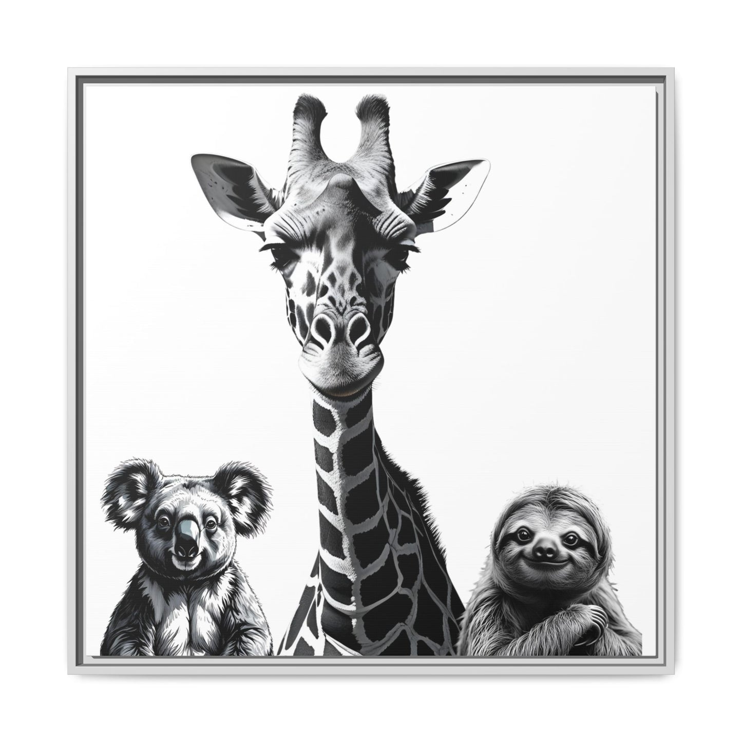 Framed artwork of a giraffe, koala, and sloth together.