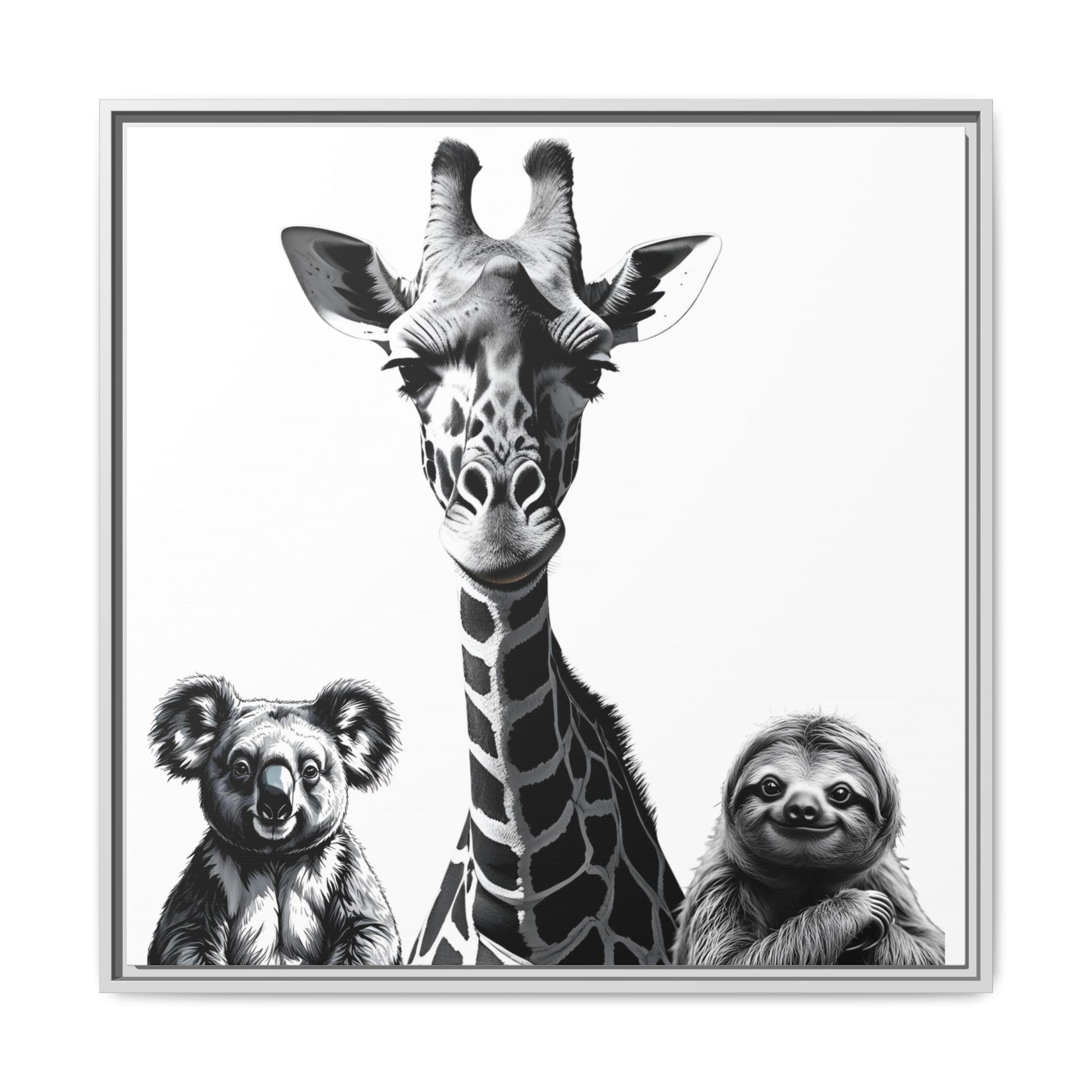 Framed artwork of a giraffe, koala, and sloth together.