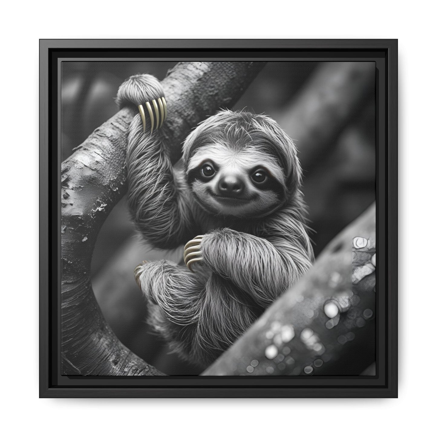 Smiling Sloth Hanging on Tree Branch Wall Art on Framed Canvas, Sloth Lover Gift, Nursery Decor, Wildlife Artwork