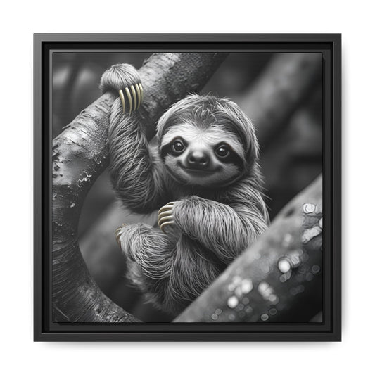 Smiling Sloth Hanging on Tree Branch Wall Art on Framed Canvas, Sloth Lover Gift, Nursery Decor, Wildlife Artwork