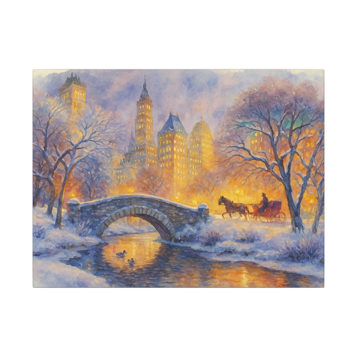 Winter scene with a horse-drawn carriage crossing a bridge over a snowy river, illuminated by city lights.