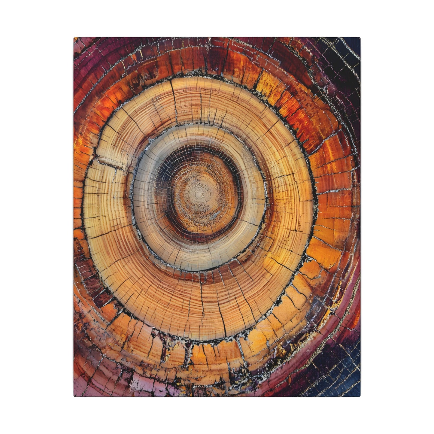 Close-up of a tree trunk cross-section showing annual rings.