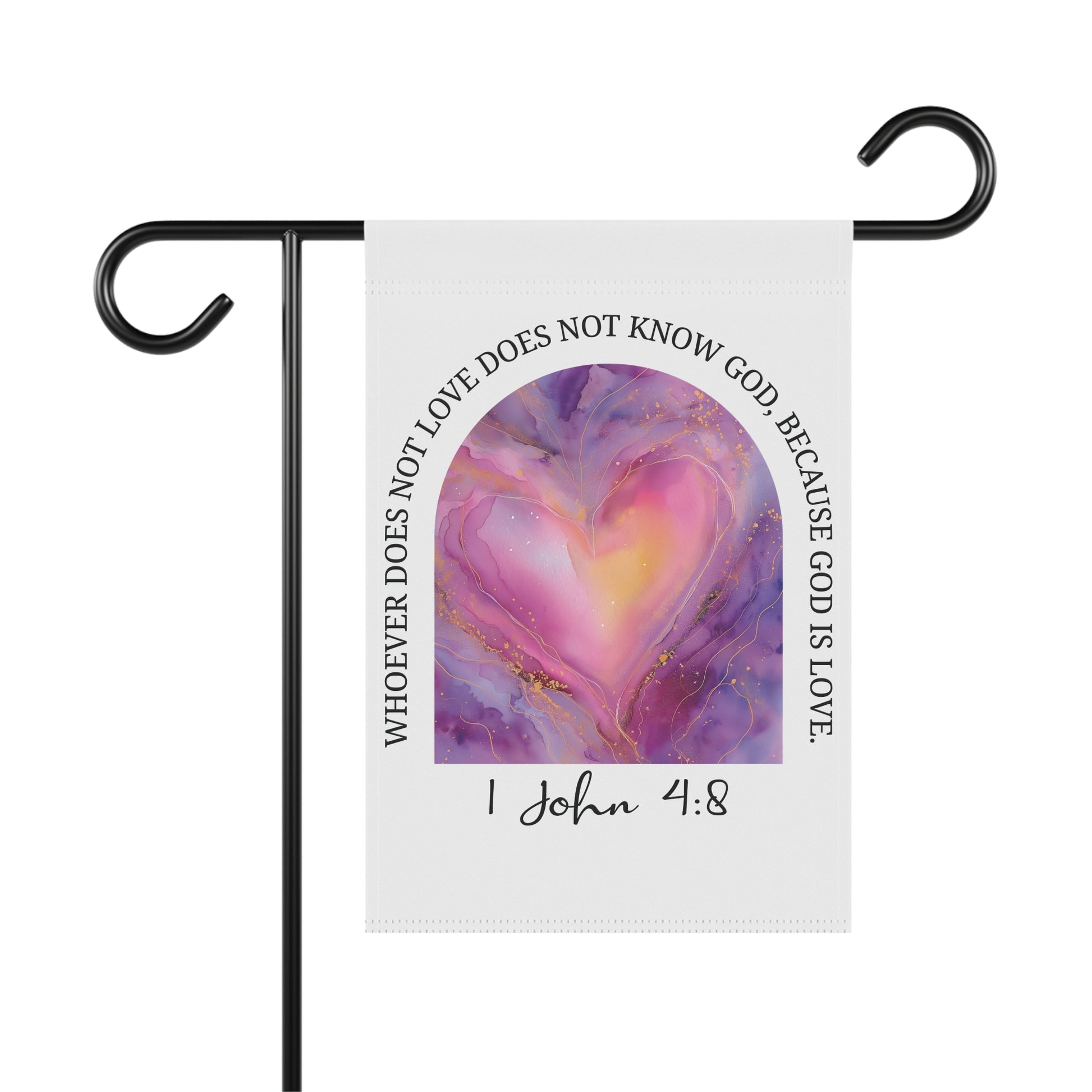 Decorative garden flag with a heart design and religious text on a white background.