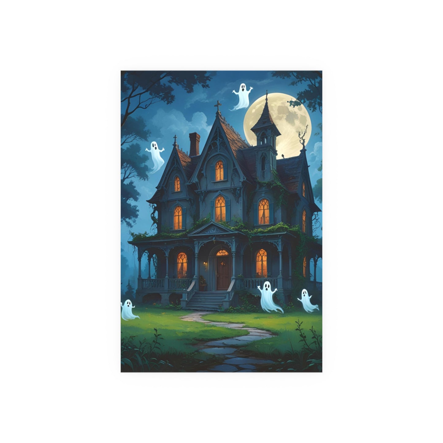Haunted House Ghosts Poster — Friendly Ghosts Floating Around a Haunted House