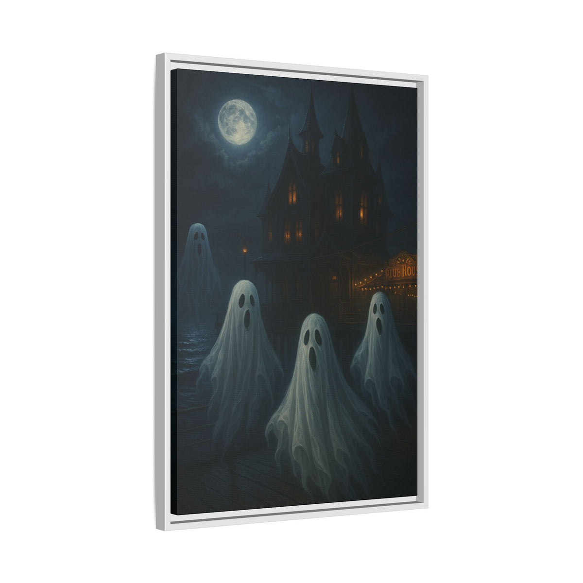 Haunted House Ghost Canvas Wall Art – Spooky Halloween Framed Art, Vintage Horror Decor, Gothic Night Scene Print