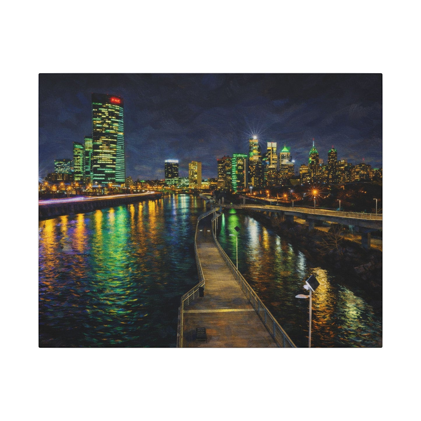 City skyline at night with illuminated buildings reflected in water, viewed from a boardwalk.