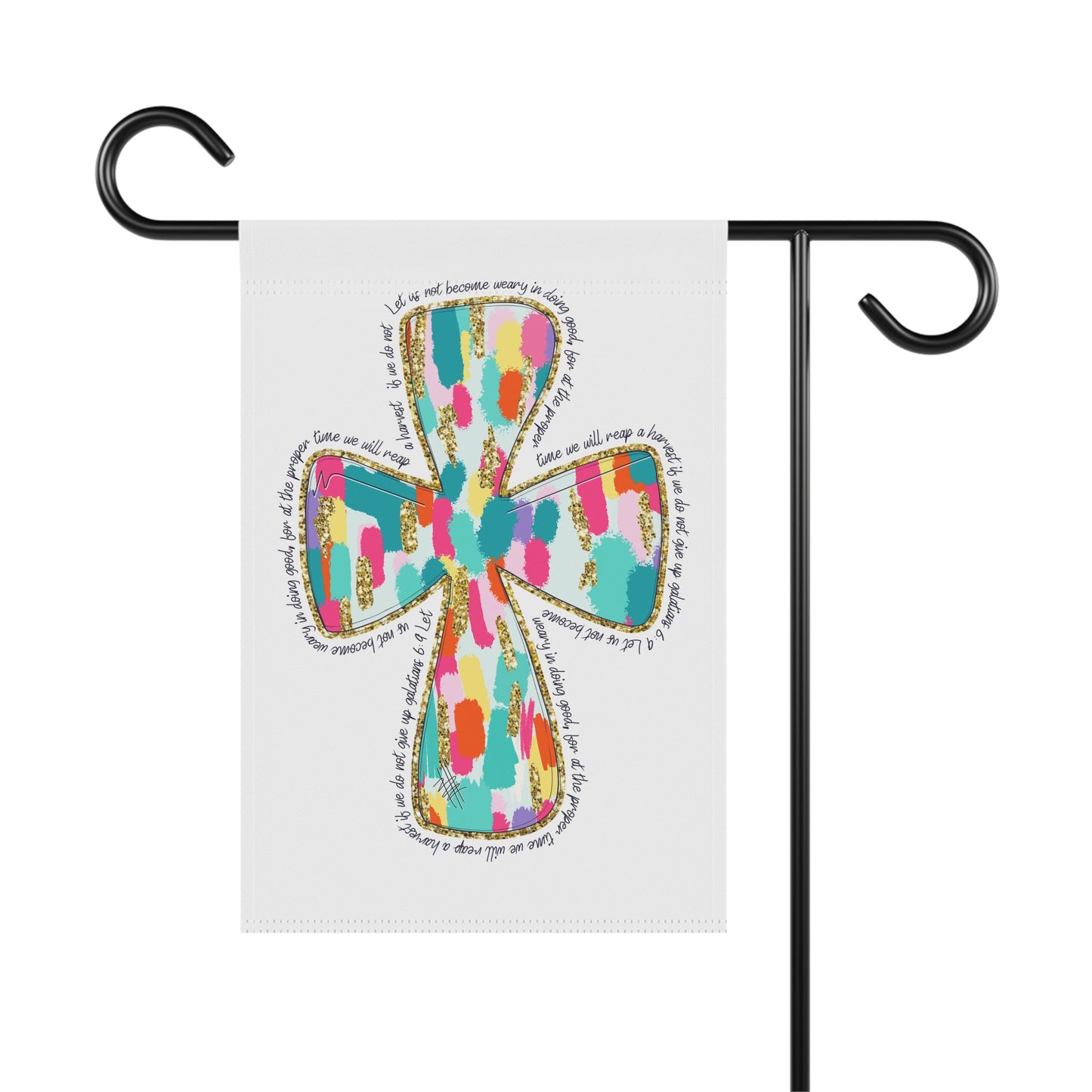 Colorful cross design on a flag with a black metal pole and hook.