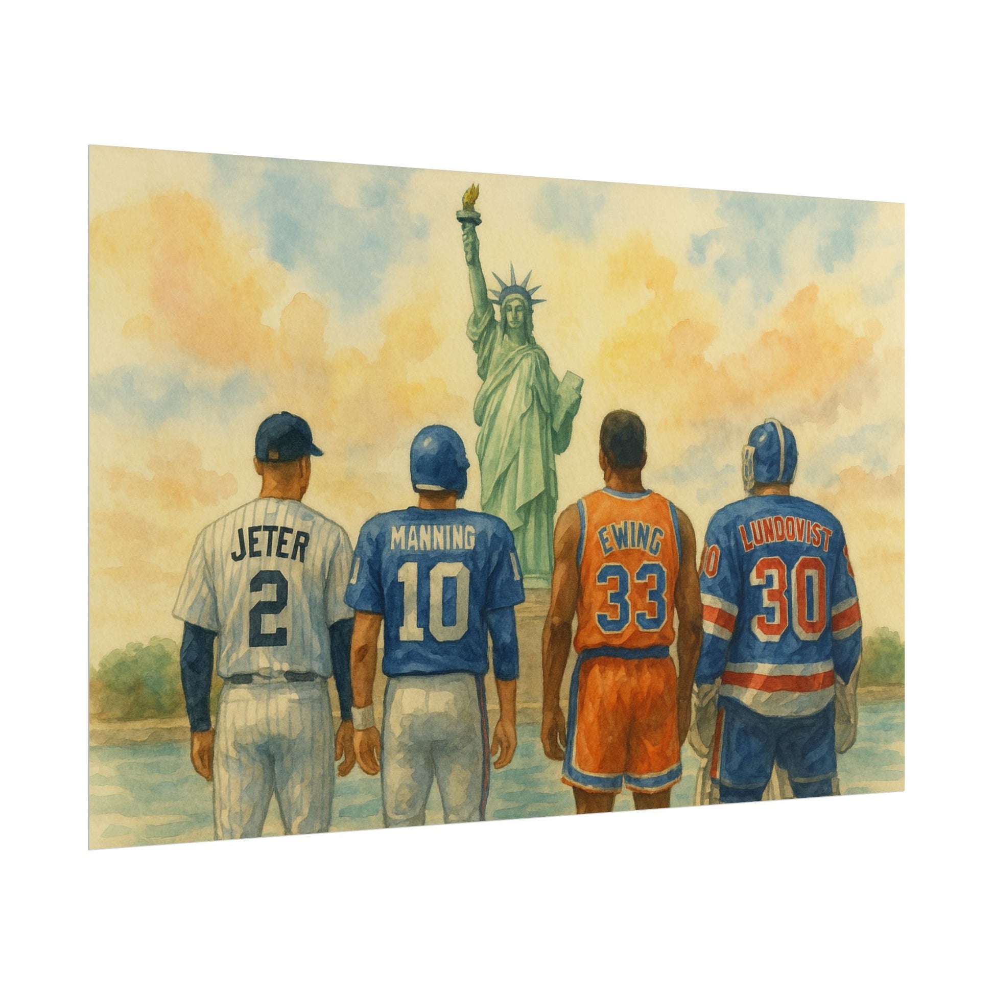 Four New York sports legends in  jerseys standing in front of the Statue of Liberty.