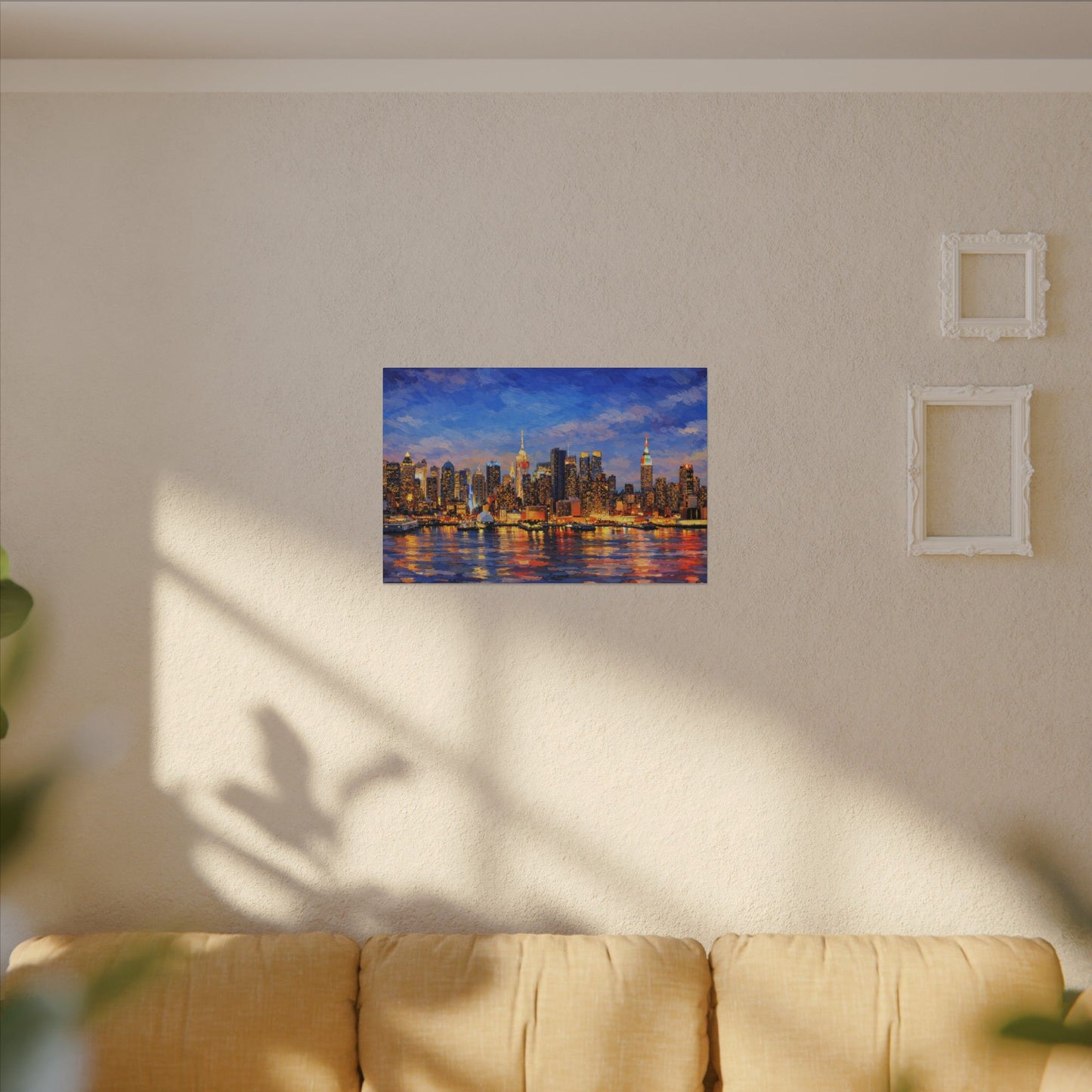 New York City Skyline Canvas Wall Art – Night Waterfront Impasto Cityscape Painting