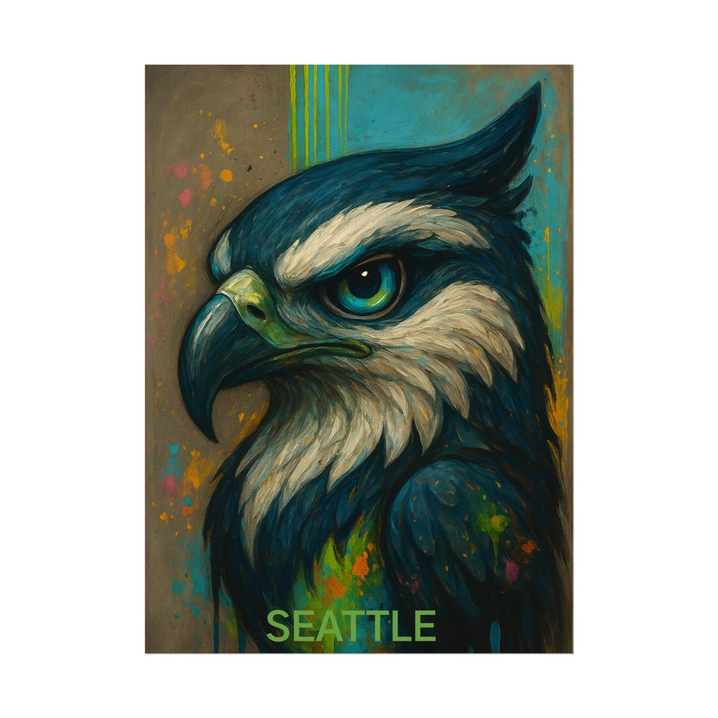 Colorful painting of an eagle with 'Seattle' text on a white background