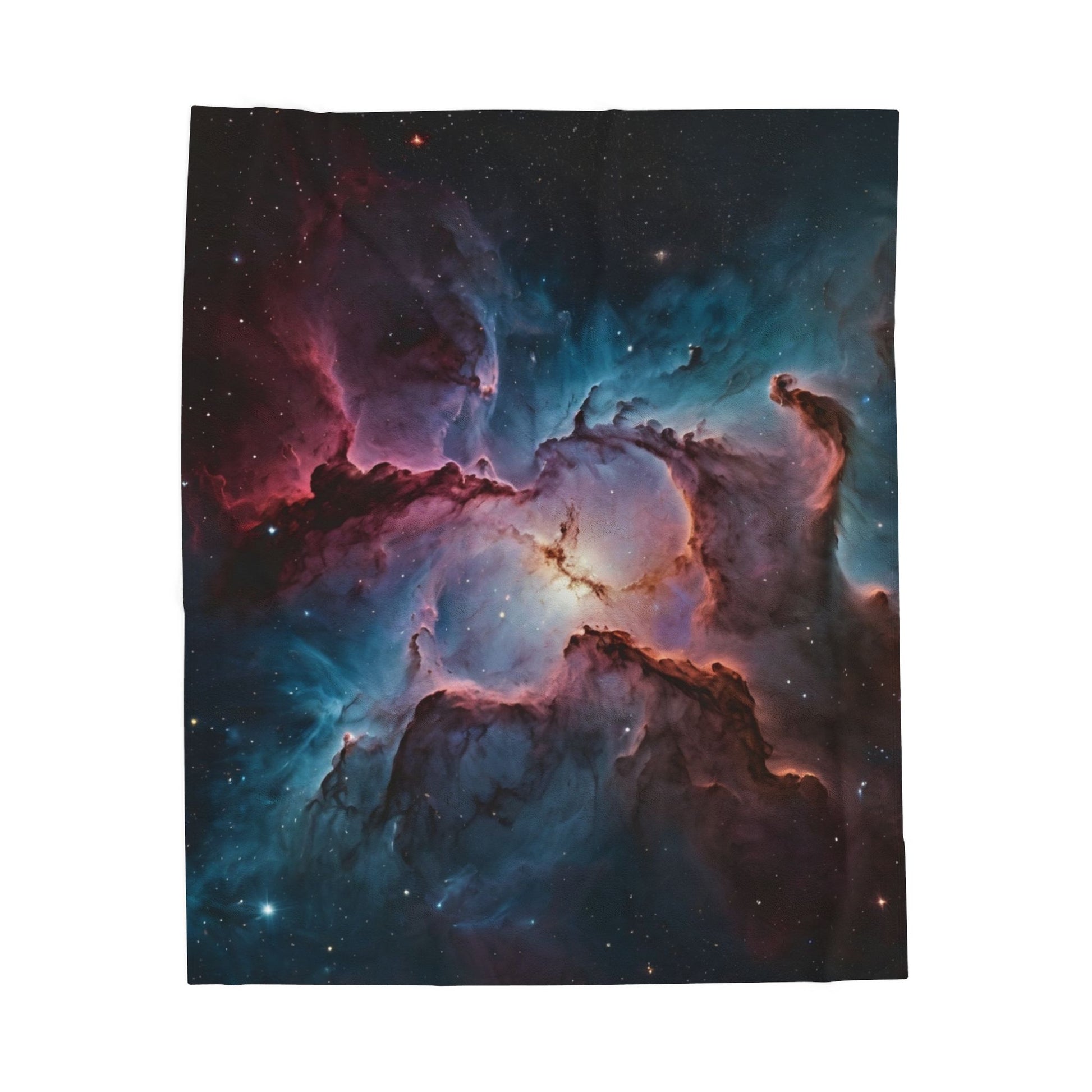 Fleece blanket with a colorful nebula design on a white background
