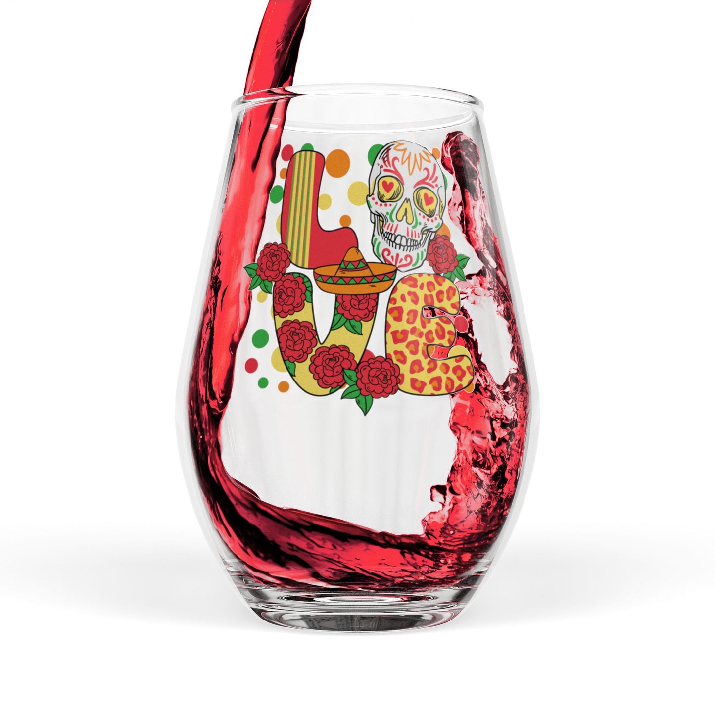 Love Sugar Skull Stemless Wine Glass – Romantic Rose Sombrero Design – Valentine’s Day Gift – Día de los Muertos Drinkware – Couples Gift