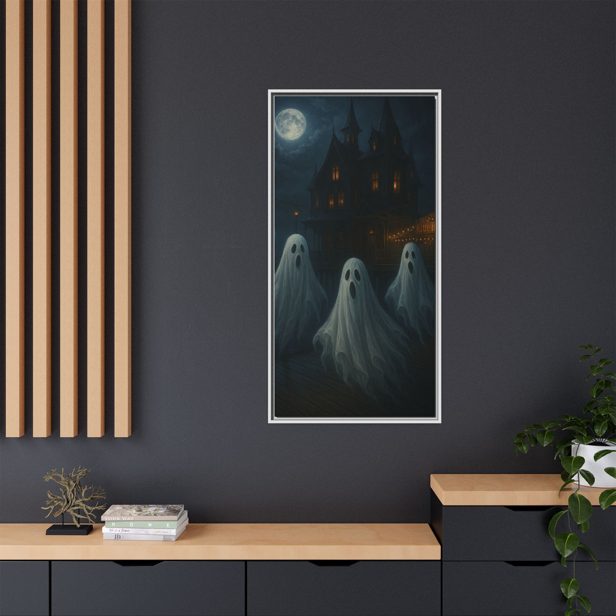 Haunted House Ghost Canvas Wall Art – Spooky Halloween Framed Art, Vintage Horror Decor, Gothic Night Scene Print