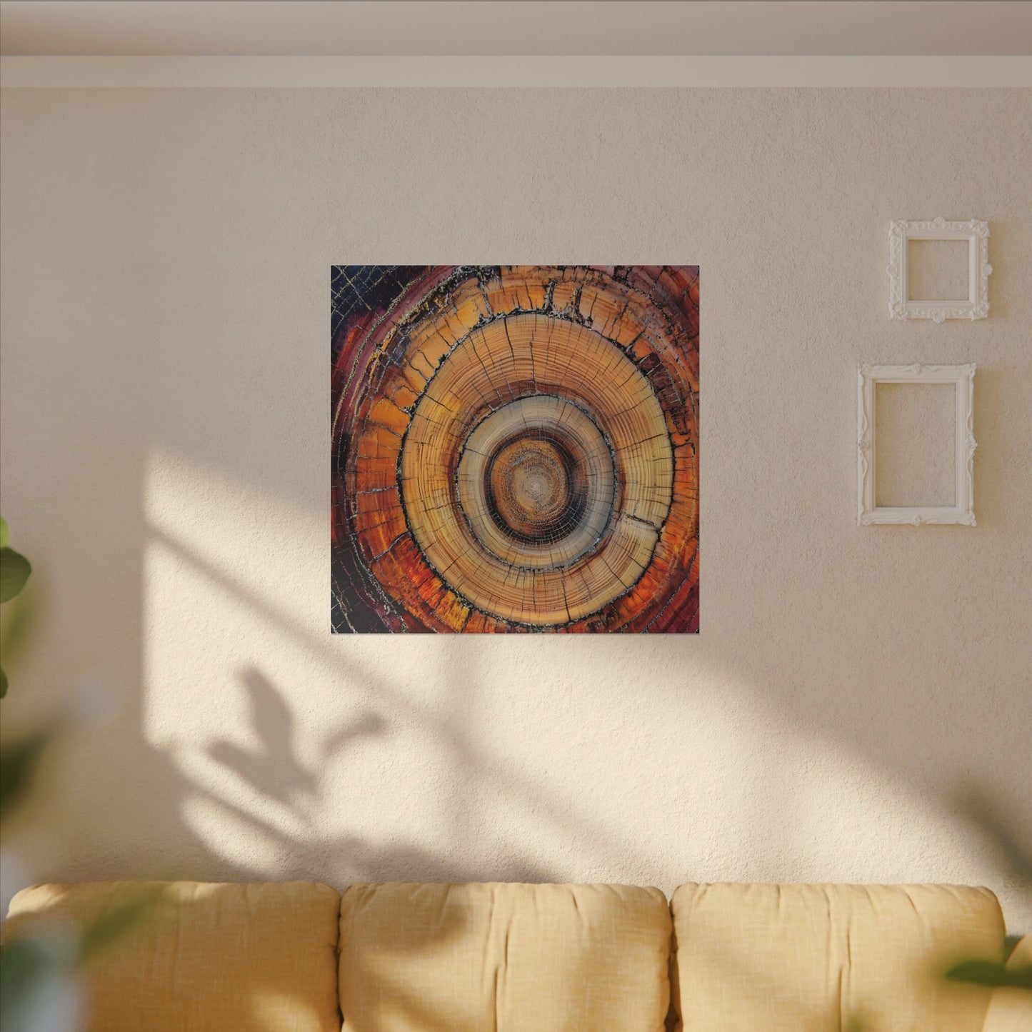 Wooden wall art on a beige wall above a sofa