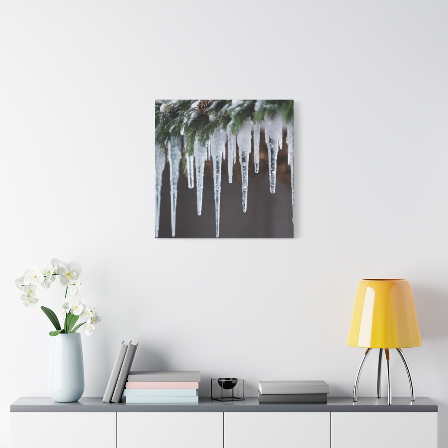 Winter Icicles Pine Branch Canvas Art: Holiday Home Decor, Stretched, 1.25"