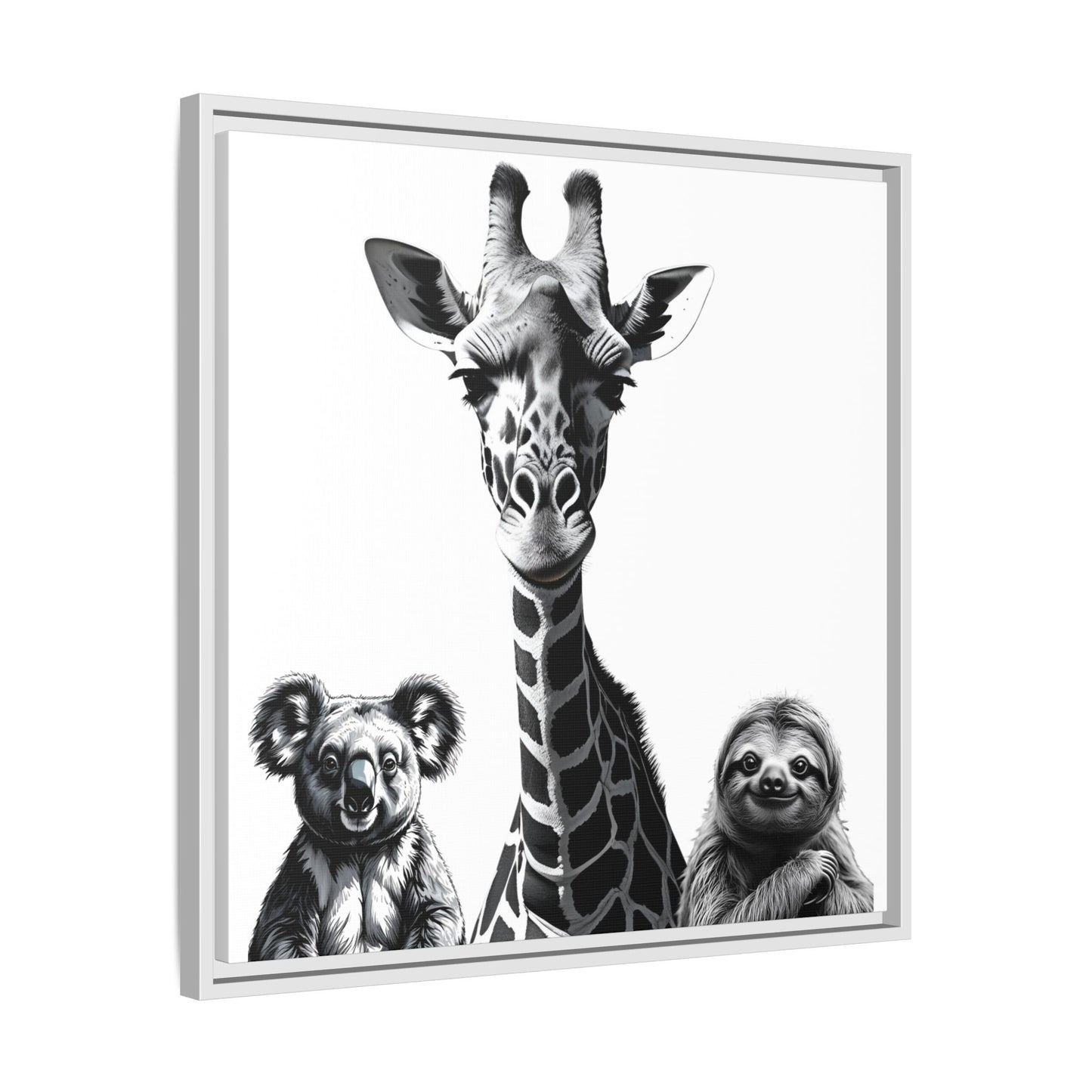 Framed artwork with a giraffe, koala, and sloth illustration on a white background