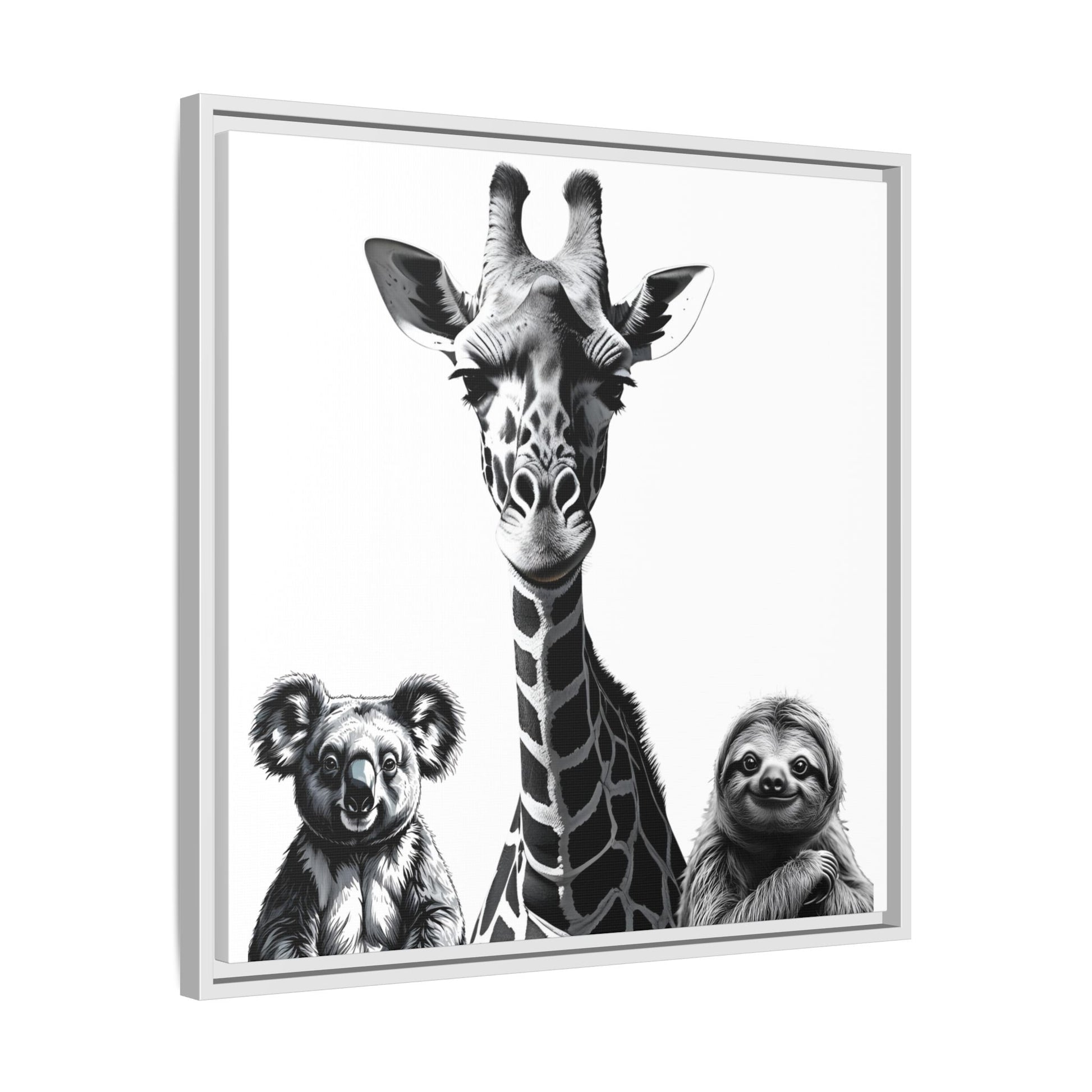 Framed artwork with a giraffe, koala, and sloth illustration on a white background