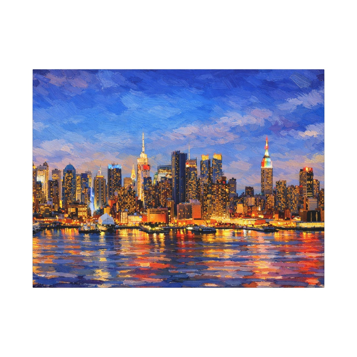 New York City Skyline Canvas Wall Art – Night Waterfront Impasto Cityscape Painting