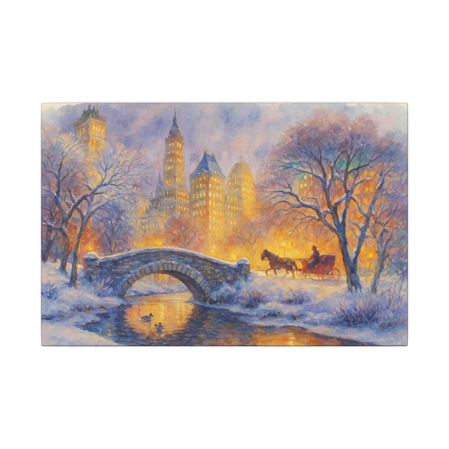 Winter scene with a bridge, horse-drawn carriage, and illuminated buildings.