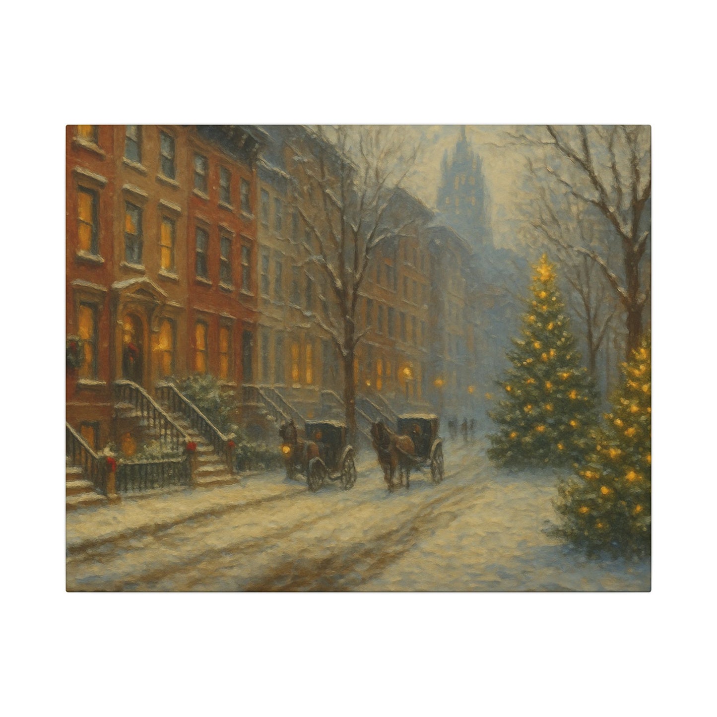 Painting of a snowy street scene with horse-drawn carriages and a Christmas tree.