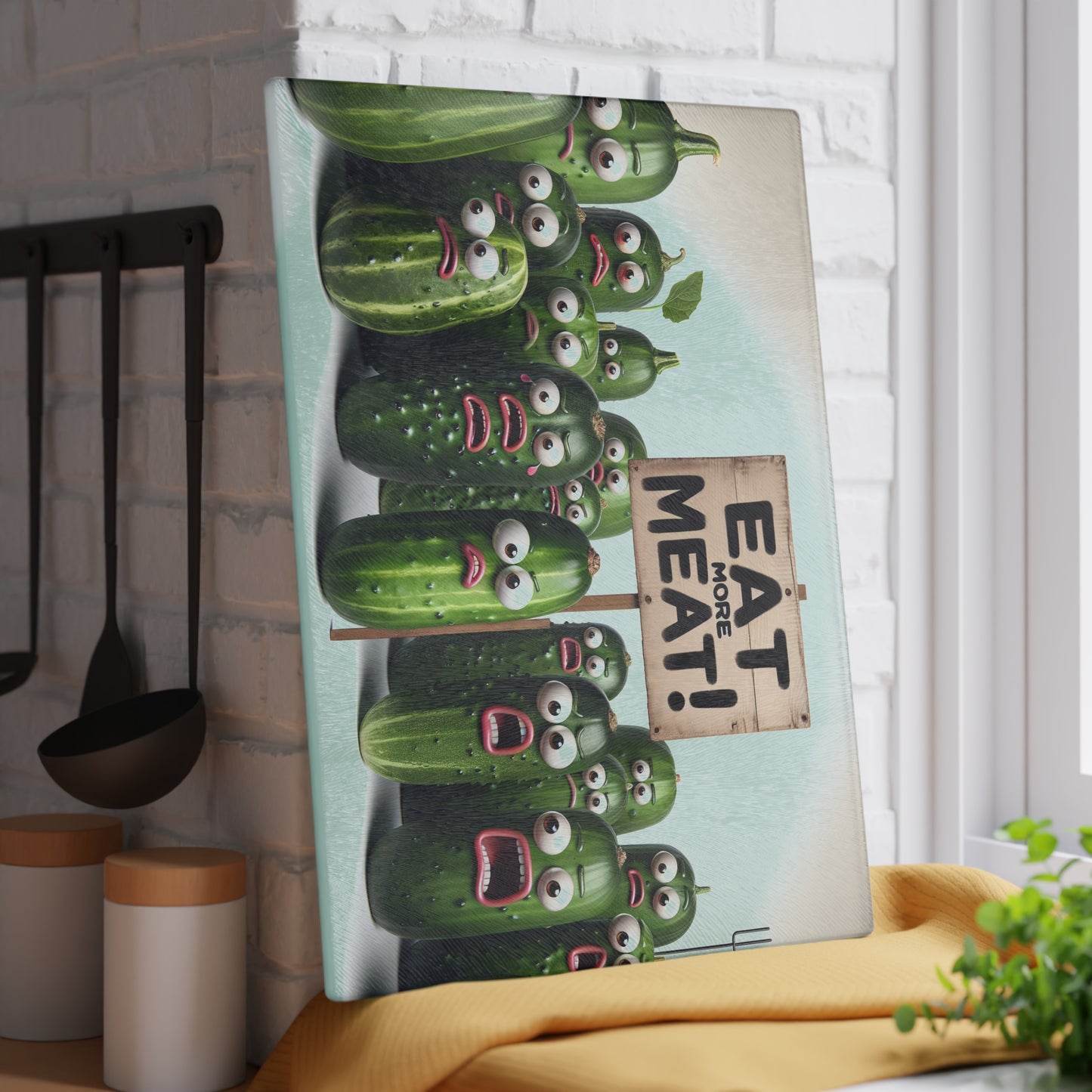 “Eat More Meat!” Funny Glass Cutting Board | Quirky Kitchen Gift