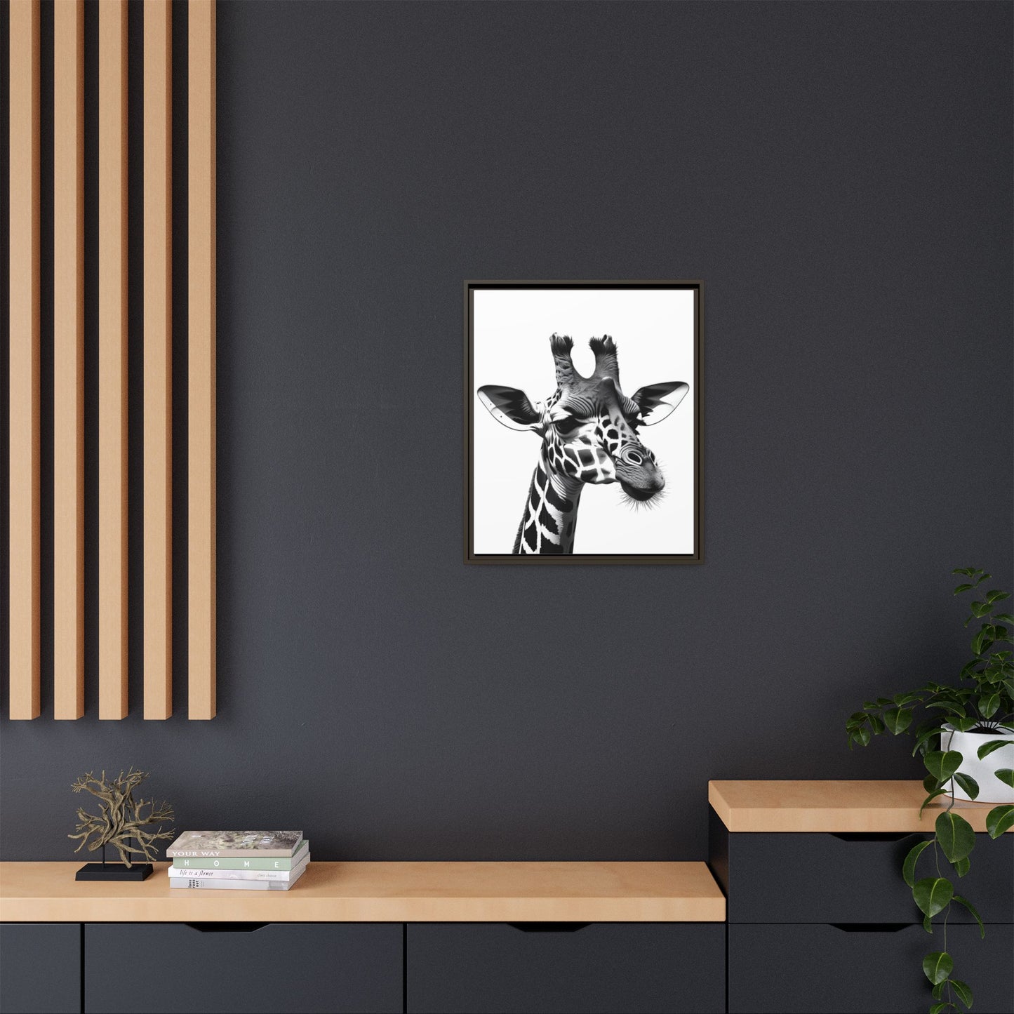 Black and White Giraffe Wall Art – Framed Safari Animal Canvas Print