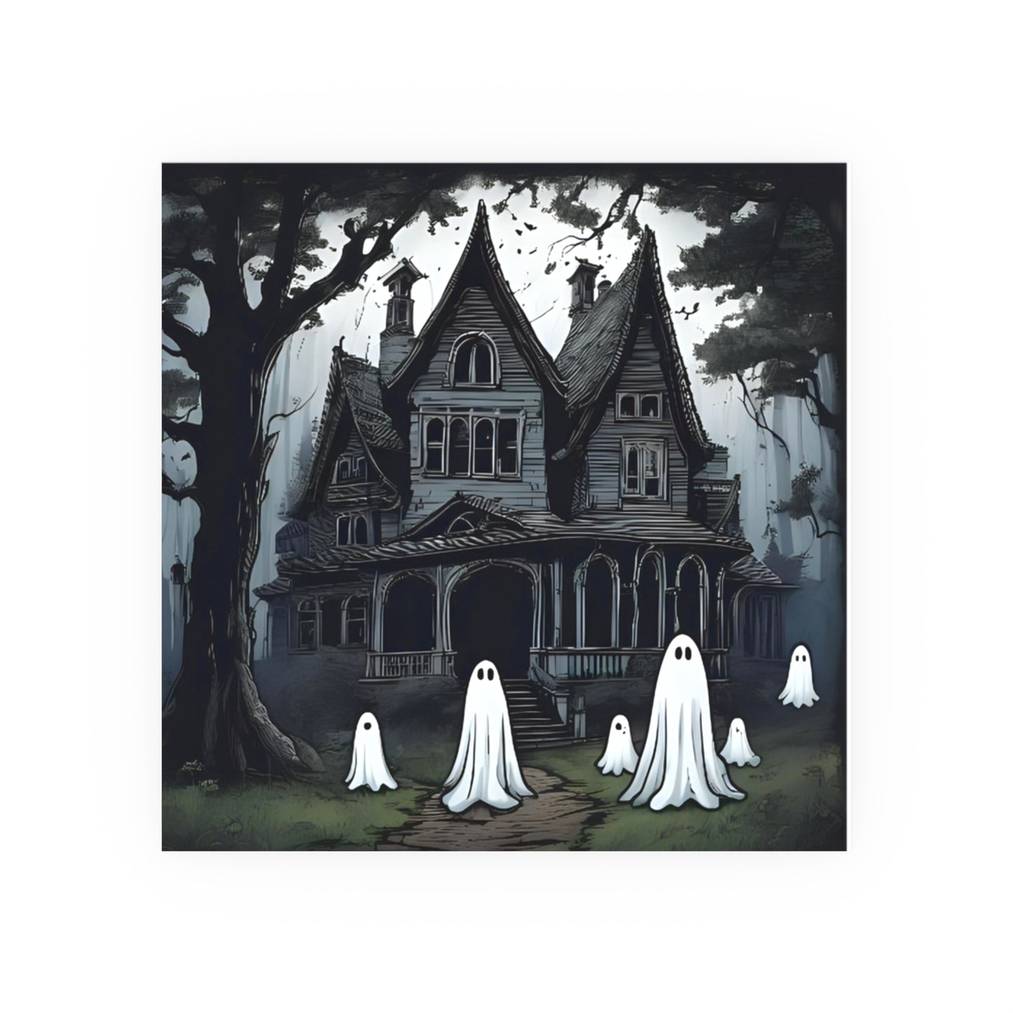 Haunted Victorian House Ghost Wall Art Print | Spooky Cute Halloween Ghost Illustration | Gothic Haunted House Decor | Halloween Wall Art
