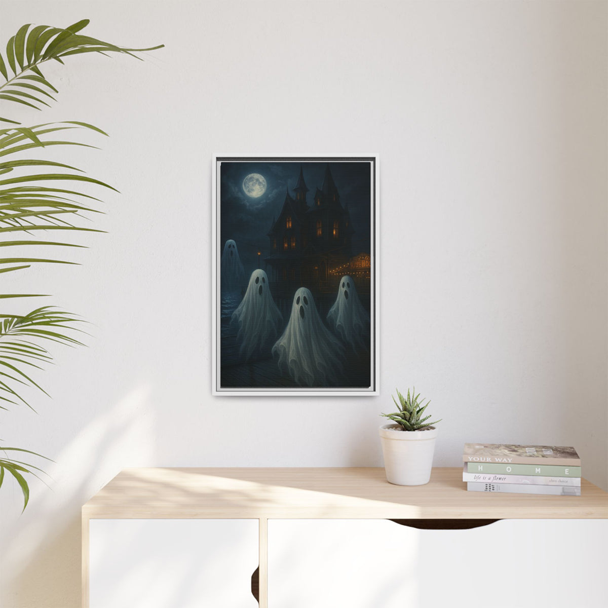 Haunted House Ghost Canvas Wall Art – Spooky Halloween Framed Art, Vintage Horror Decor, Gothic Night Scene Print