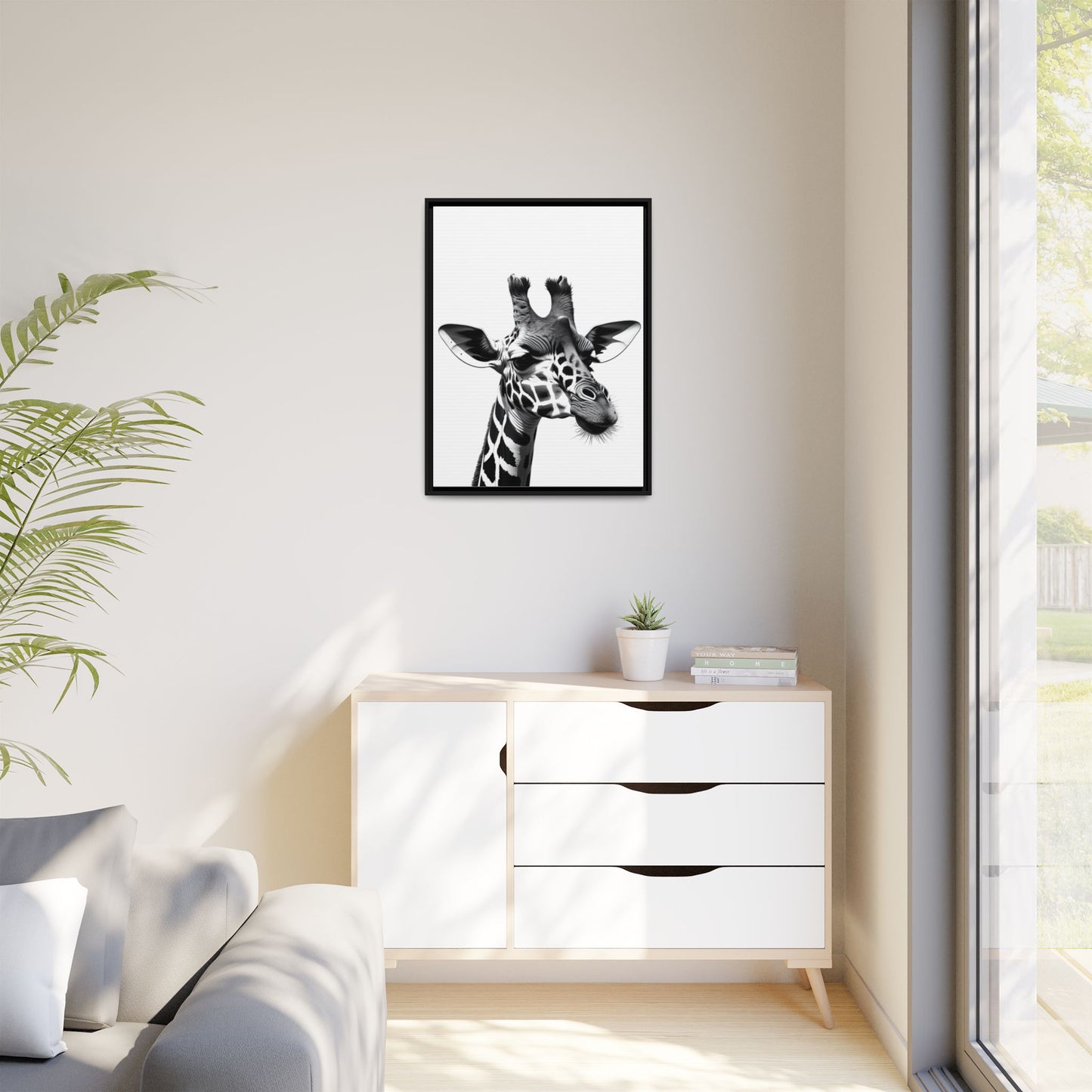 Black and White Giraffe Wall Art – Framed Safari Animal Canvas Print