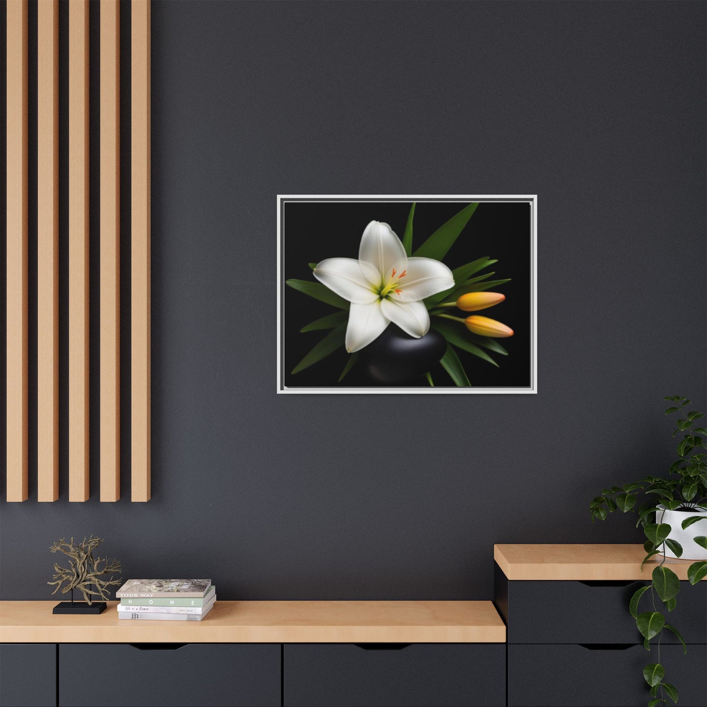 White Lily Wall Art Canvas Print Framed | Elegant Floral Wall Decor for Bedroom, Living Room, Bathroom