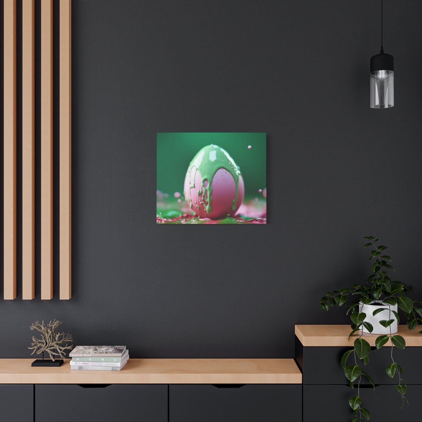 Canvas Wall or Mantle Art Pink Easter Egg with Green Paint Spring Home Decor